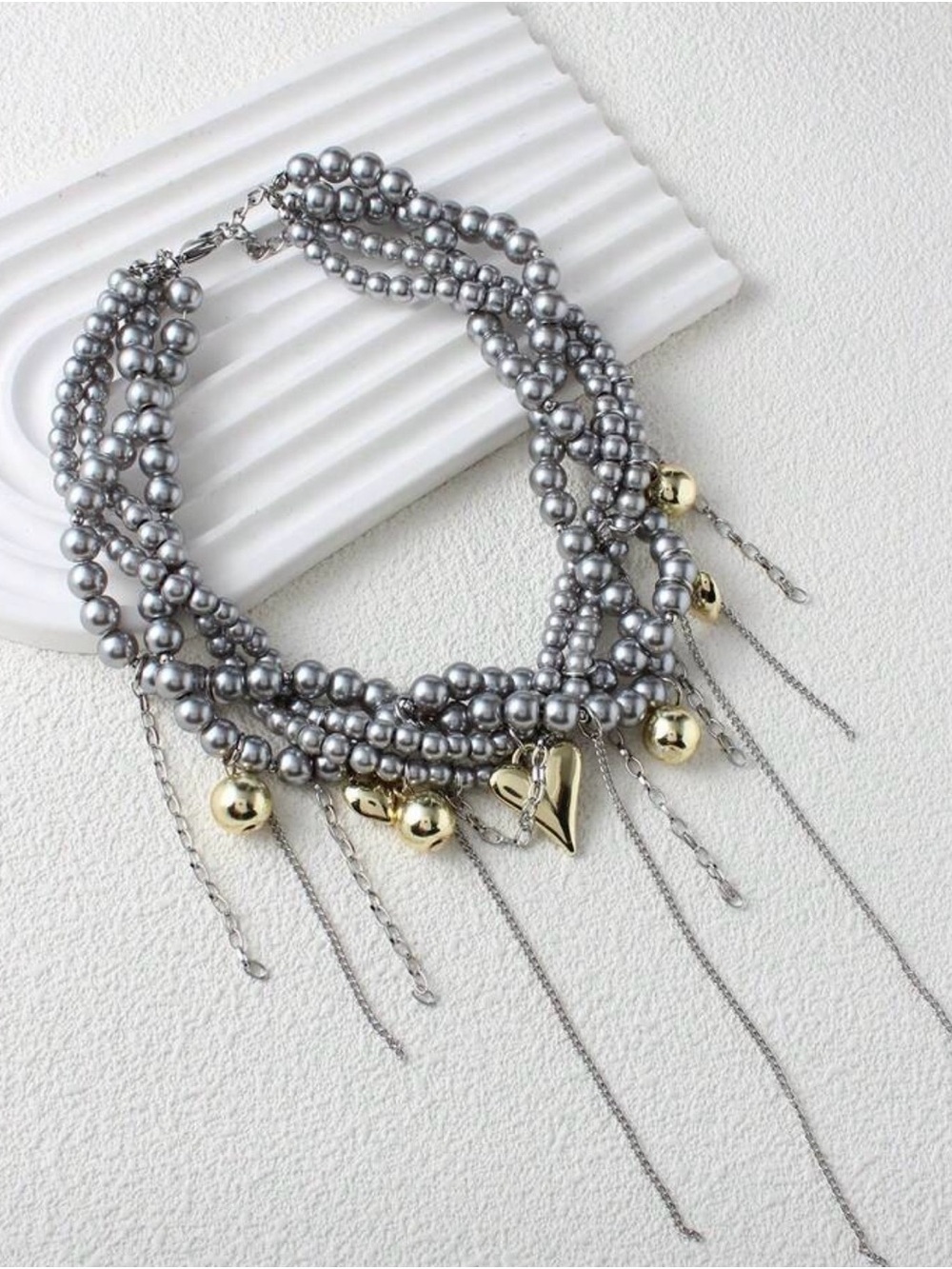Two-Tone Gold & Silver Heart Fringe Necklace